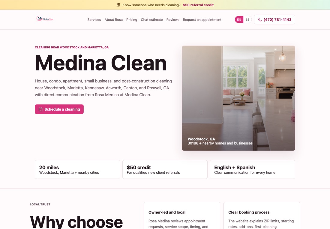 Medina Clean website preview.